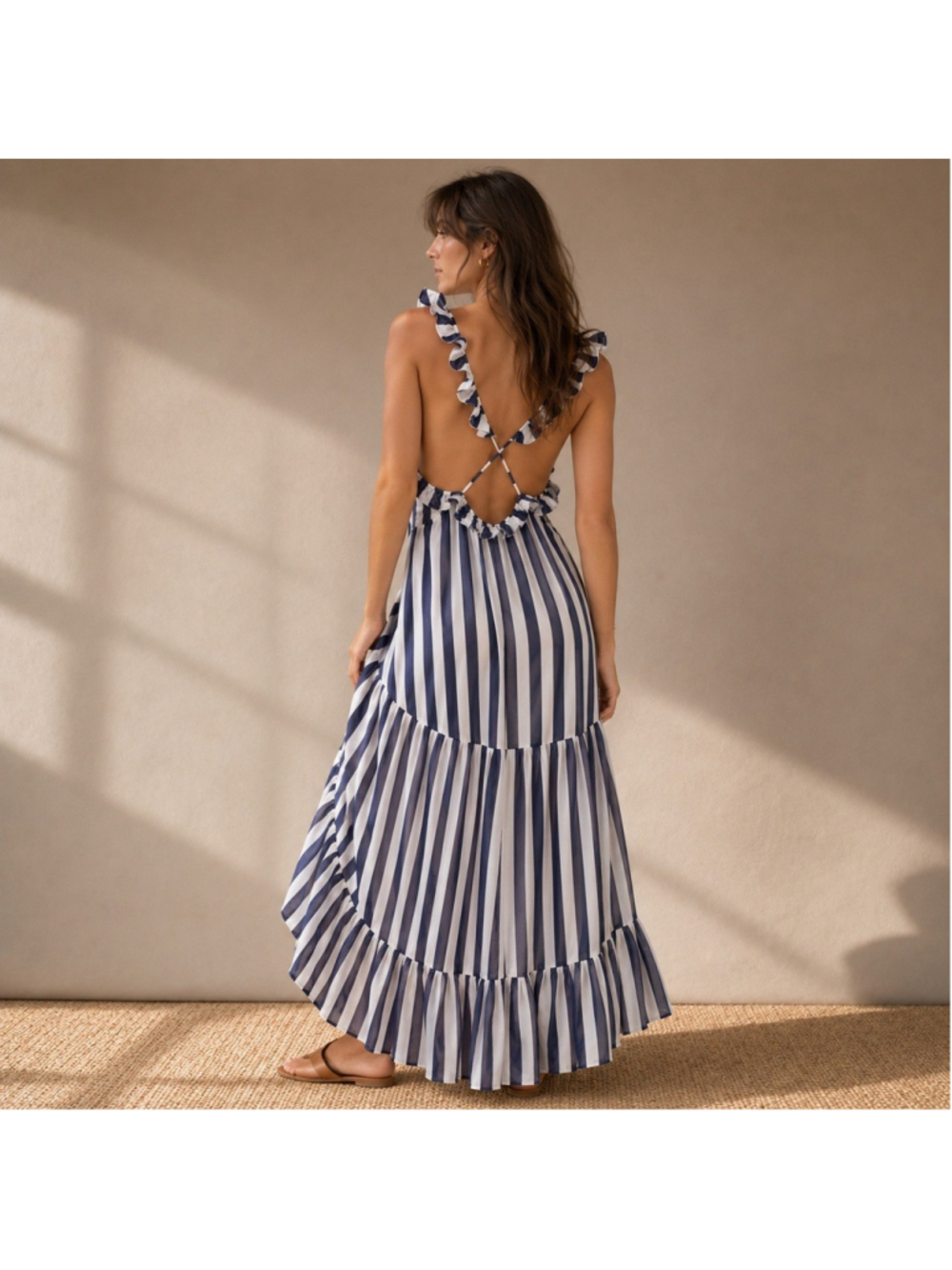 Anthropologie Striped Open Back Tiered Ruffle Maxi Dress Sz M NWT